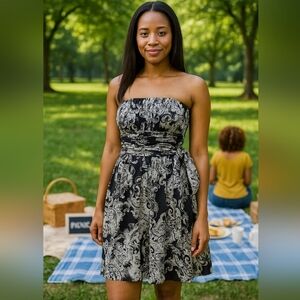 BCBGMaxAzria Strapless Black and Cream Paisley Dress 100% Silk